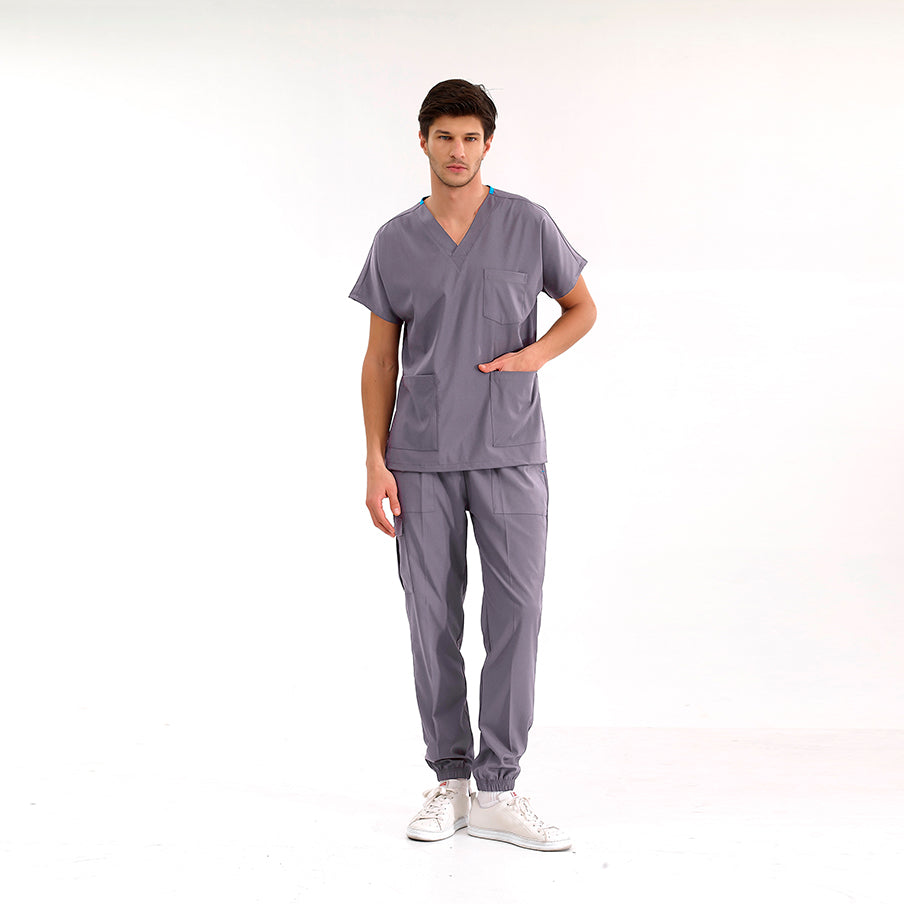 Kurşuni Gri Jogger Doktor Hemşire Medikal Scrubs Takım Lüks Likralı Kumaş