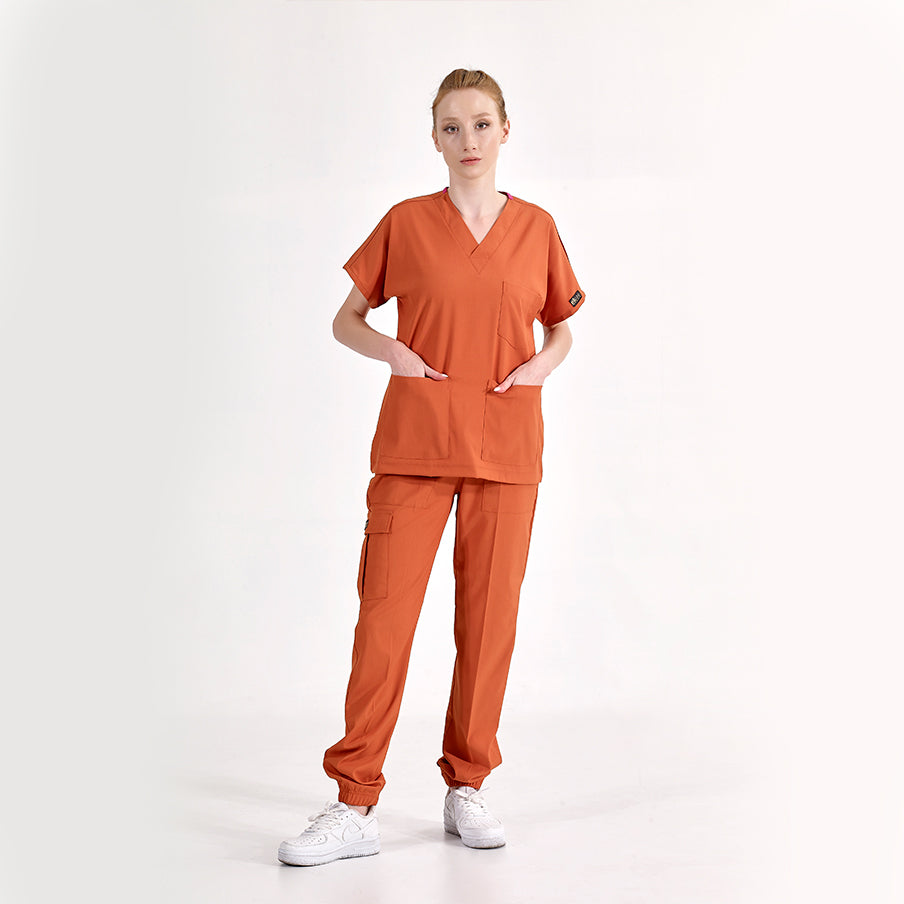Kiremit Jogger Doktor Hemşire Medikal Scrubs Takım Lüks Likralı Kumaş