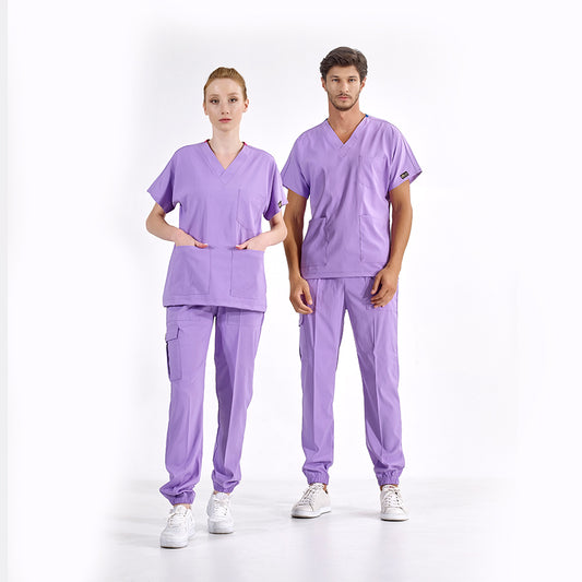Lila Jogger Doktor Hemşire Medikal Scrubs Takım Lüks Likralı Kumaş