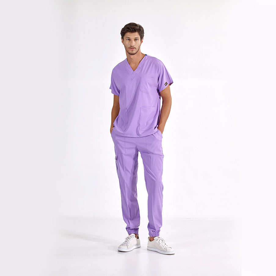 Lila Jogger Doktor Hemşire Medikal Scrubs Takım Lüks Likralı Kumaş
