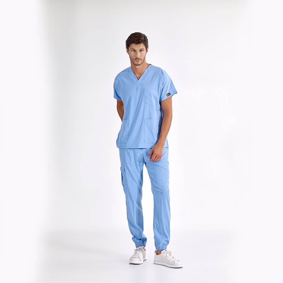 Açık Mavi Jogger Doktor Hemşire Medikal Scrubs Takım Lüks Likralı Kumaş