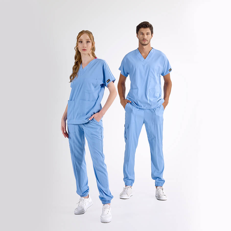 Açık Mavi Jogger Doktor Hemşire Medikal Scrubs Takım Lüks Likralı Kumaş