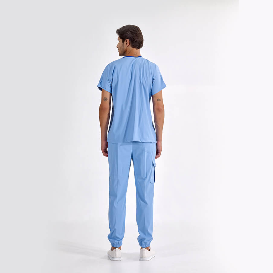 Açık Mavi Jogger Doktor Hemşire Medikal Scrubs Takım Lüks Likralı Kumaş
