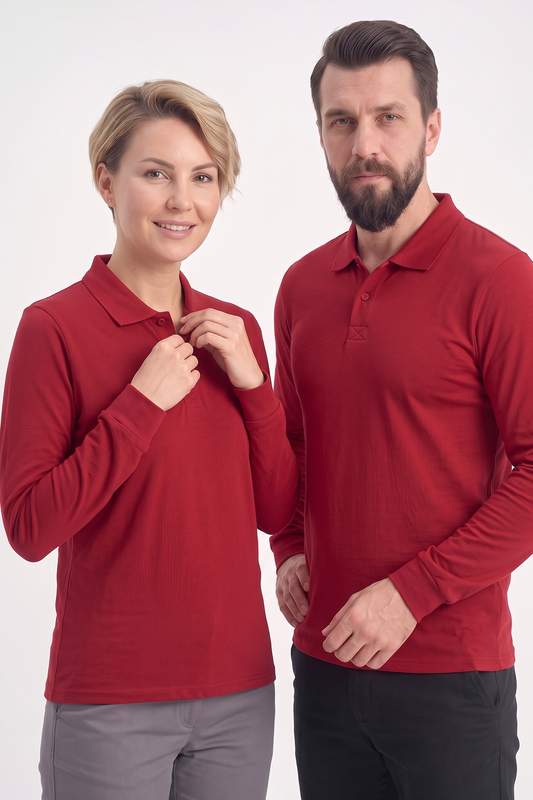 Kırmızı Polo Yaka Uzun Kol İş Sweatshirtü Penye Lacoste Kumaş