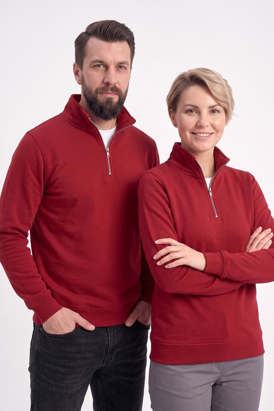 Kırmızı Dik Yaka Yarım Fermuarlı İş Sweatshirt 3 İplik
