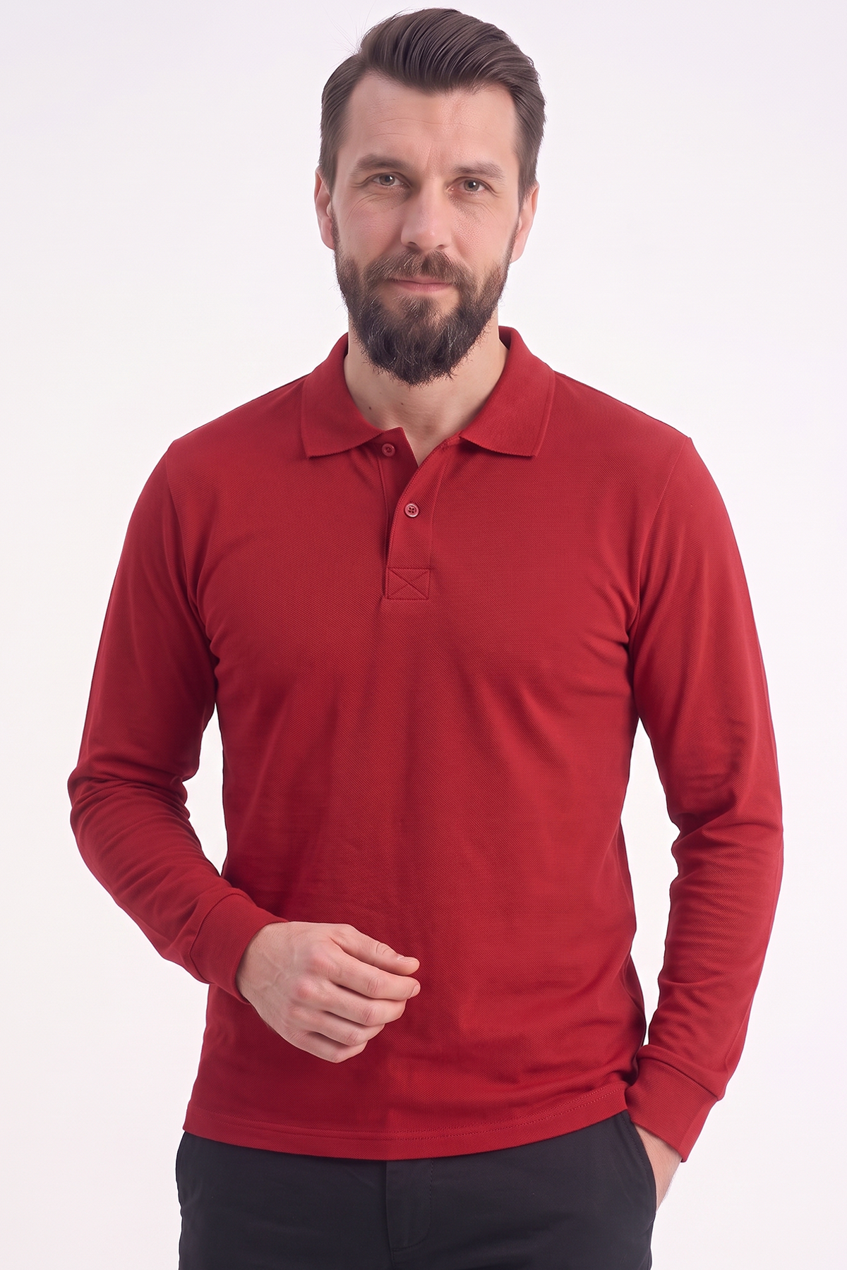 Kırmızı Polo Yaka Uzun Kol İş Sweatshirtü Penye Lacoste Kumaş