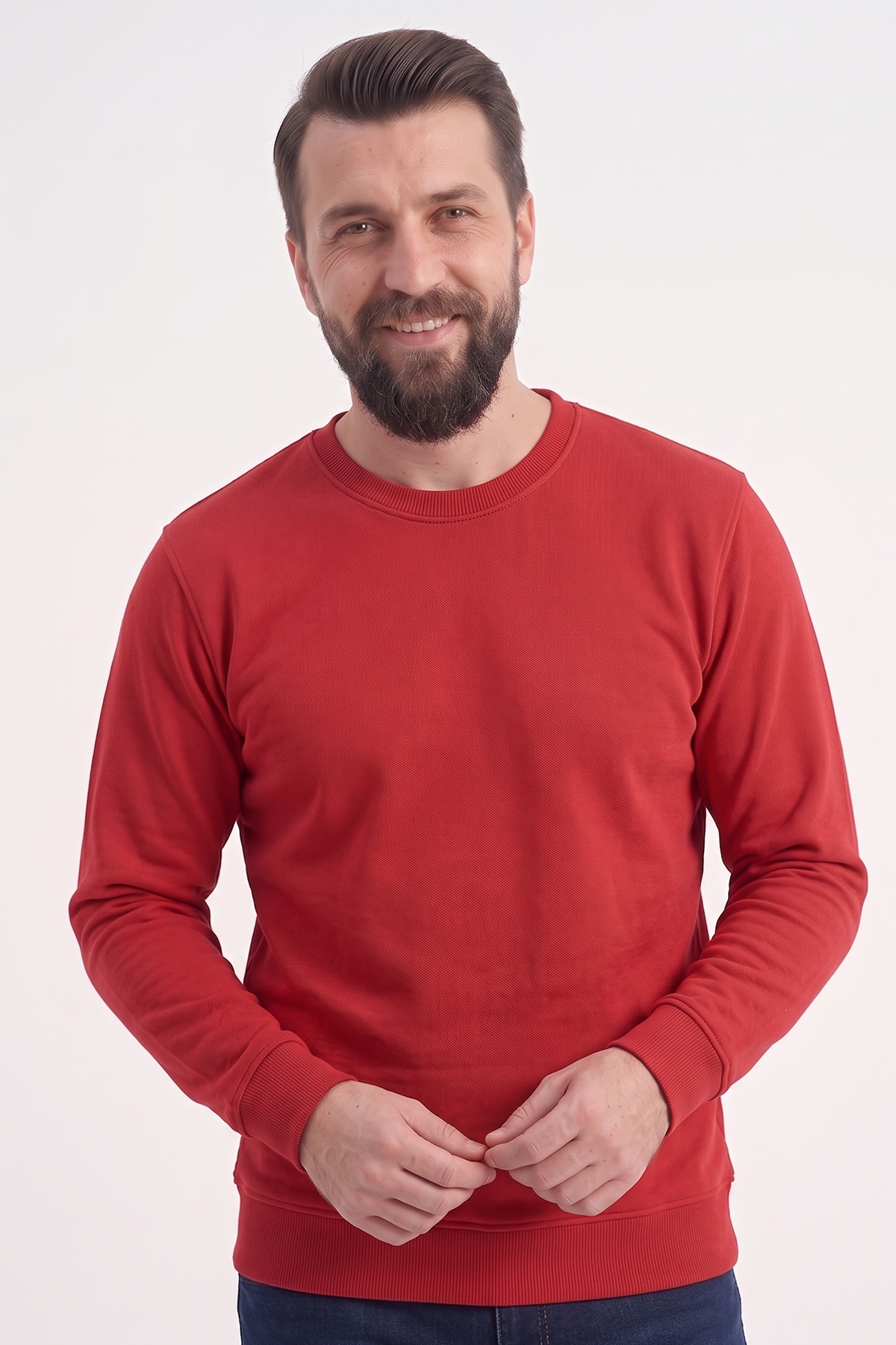 Kırmızı Yuvarlak Yaka İş Sweatshirt 2 İplik