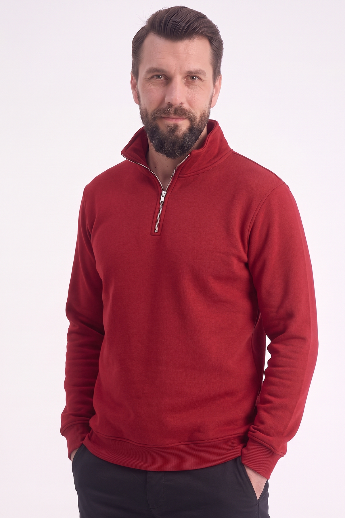 Kırmızı Dik Yaka Yarım Fermuarlı İş Sweatshirt 3 İplik Şardonlu