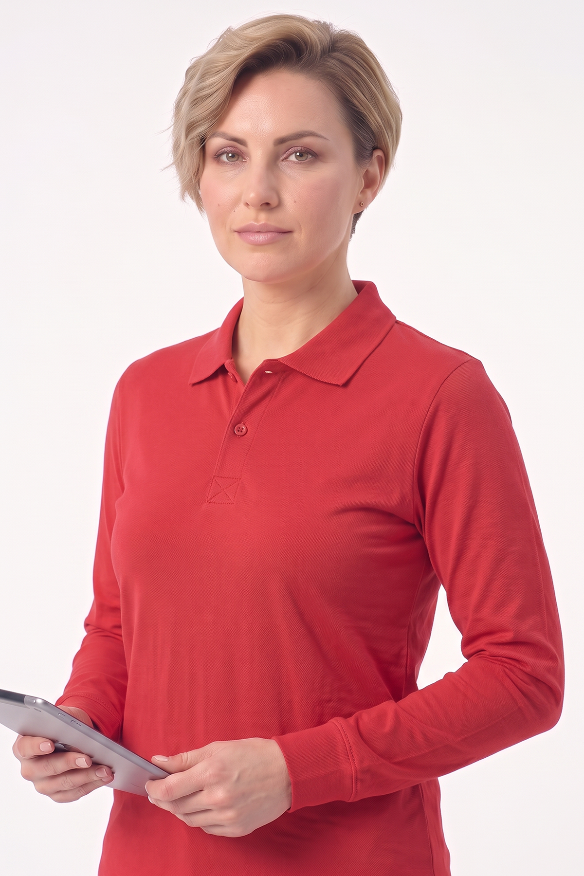 Kırmızı Polo Yaka Uzun Kol İş Sweatshirtü Penye Lacoste Kumaş