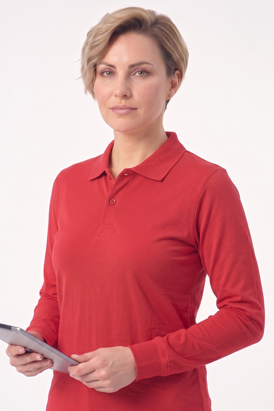 Kırmızı Polo Yaka Uzun Kol İş Sweatshirtü Penye Lacoste Kumaş