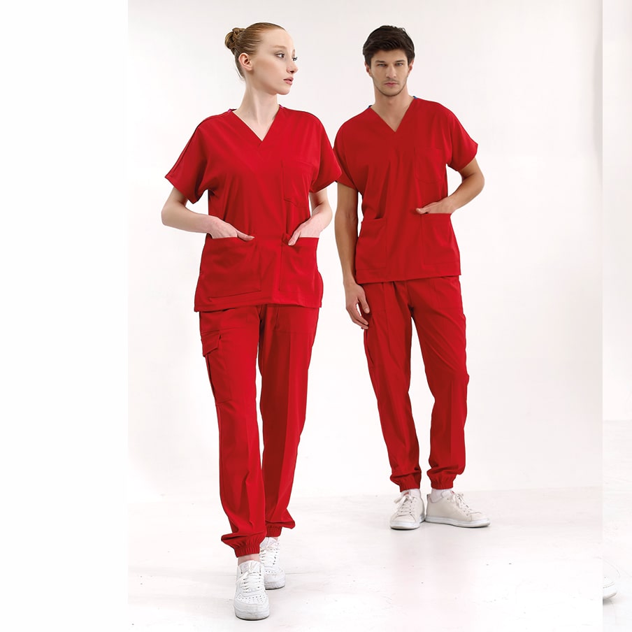 Kırmızı Jogger Doktor Hemşire Medikal Scrubs Takım Lüks Likralı Kumaş