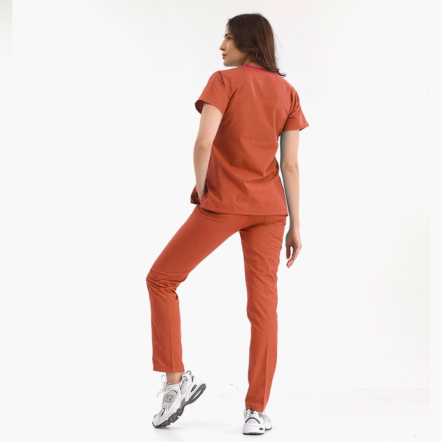 Kiremit Dr. Greys Doktor Hemşire Medikal Scrubs Takım Lüks Likralı Kumaş