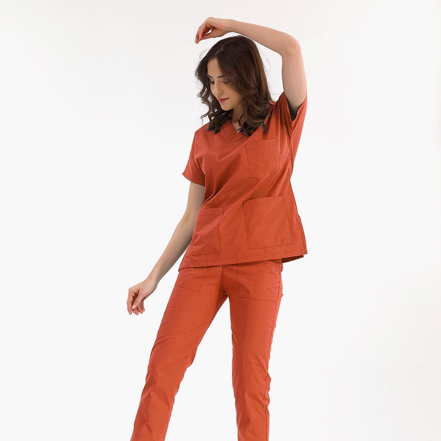 Kiremit Dr. Greys Doktor Hemşire Medikal Scrubs Takım Lüks Likralı Kumaş