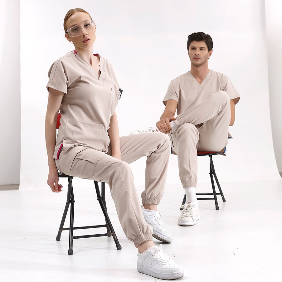 Krem Jogger Doktor Hemşire Medikal Scrubs Takım Lüks Likralı Kumaş