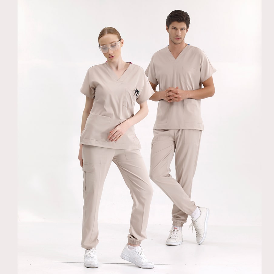 Krem Jogger Doktor Hemşire Medikal Scrubs Takım Lüks Likralı Kumaş