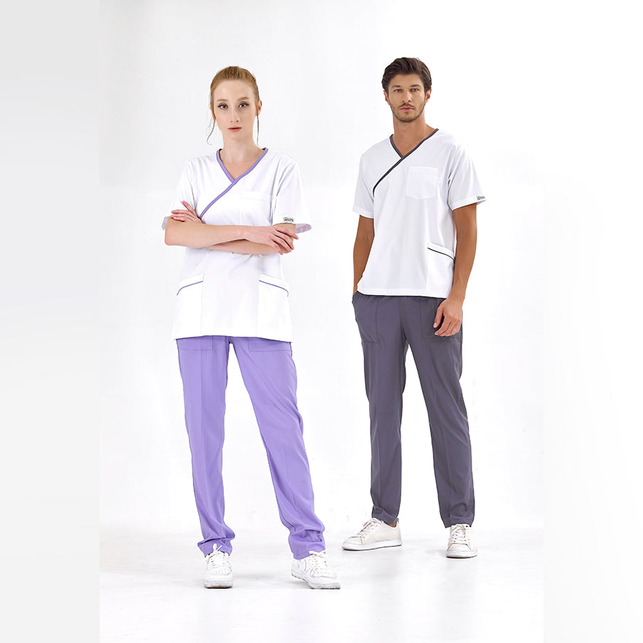 Lila Kruvaze Yaka Doktor Hemşire Medikal Scrubs Takım Lüks Likralı Kumaş