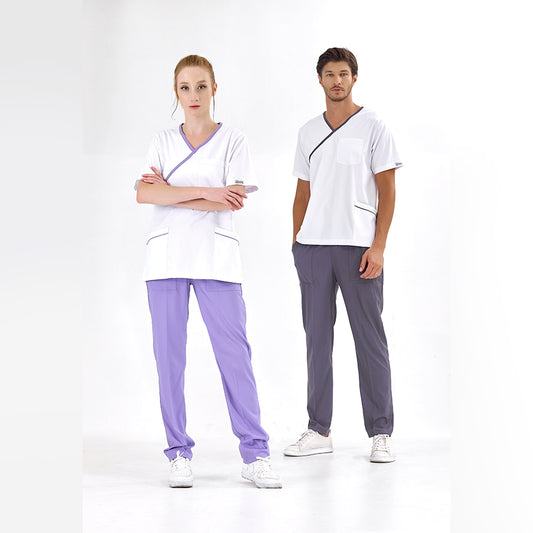 Lila Kruvaze Yaka Doktor Hemşire Medikal Scrubs Takım Lüks Likralı Kumaş