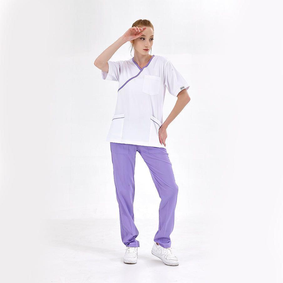 Lila Kruvaze Yaka Doktor Hemşire Medikal Scrubs Takım Lüks Likralı Kumaş