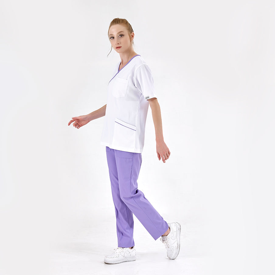 Lila Kruvaze Yaka Doktor Hemşire Medikal Scrubs Takım Lüks Likralı Kumaş