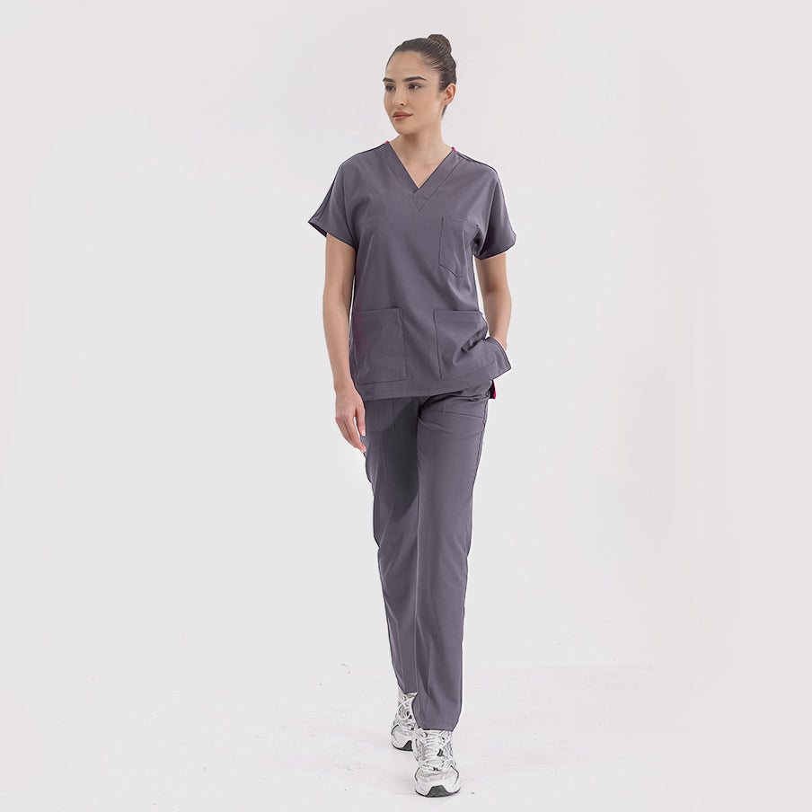 Kurşuni Gri Dr. Greys Doktor Hemşire Medikal Scrubs Takım Lüks Likralı Kumaş