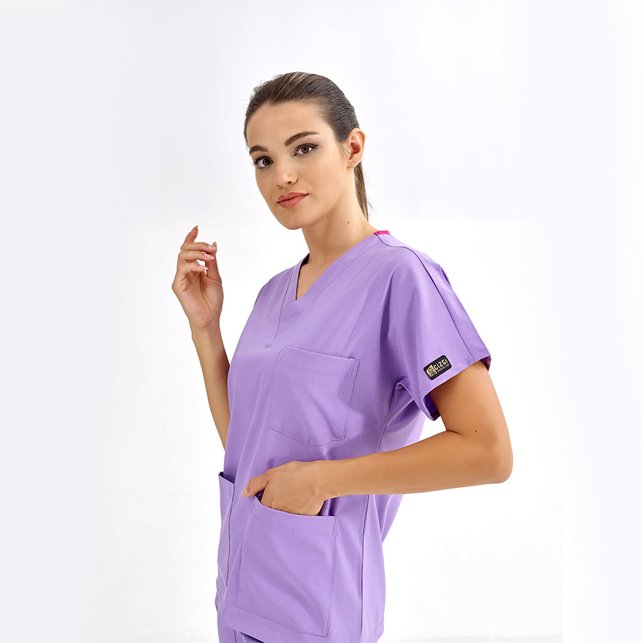Lila Dr. Greys Doktor Hemşire Medikal Scrubs Takım Lüks Likralı Kumaş