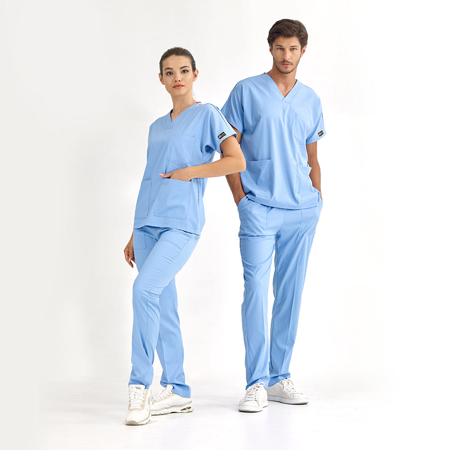 Açık Mavi Dr. Greys Doktor Hemşire Medikal Scrubs Takım Lüks Likralı Kumaş