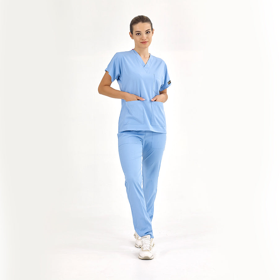 Açık Mavi Dr. Greys Doktor Hemşire Medikal Scrubs Takım Lüks Likralı Kumaş