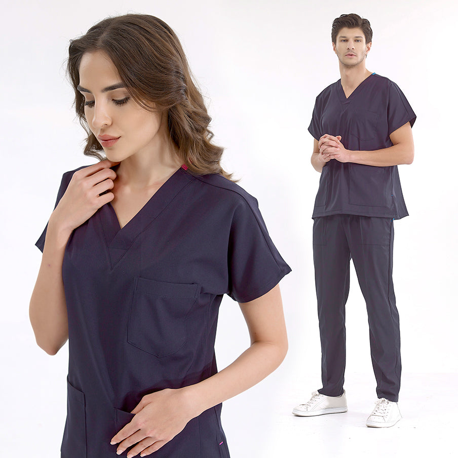 Lacivert Dr. Greys Doktor Hemşire Medikal Scrubs Takım Lüks Likralı Kumaş