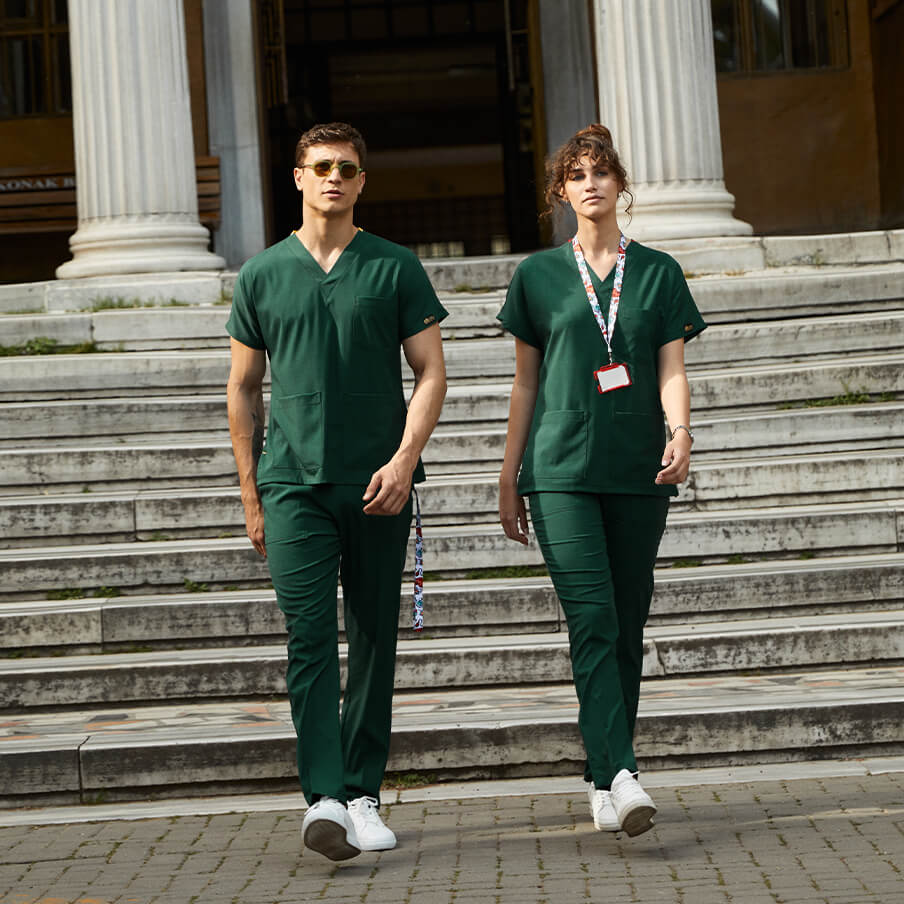 Avcı Yeşili Dr. Greys Doktor Hemşire Medikal Scrubs Takım Lüks Likralı Kumaş