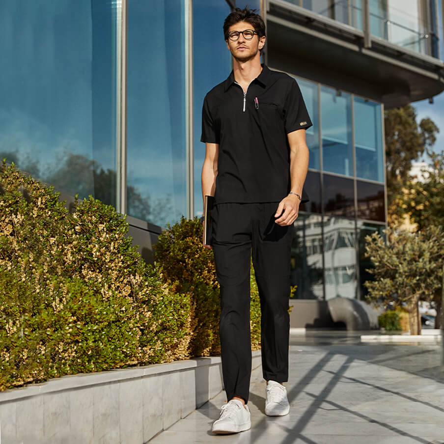Siyah Polo Yaka Doktor Hemşire Medikal Scrubs Takım Lüks Likralı Kumaş
