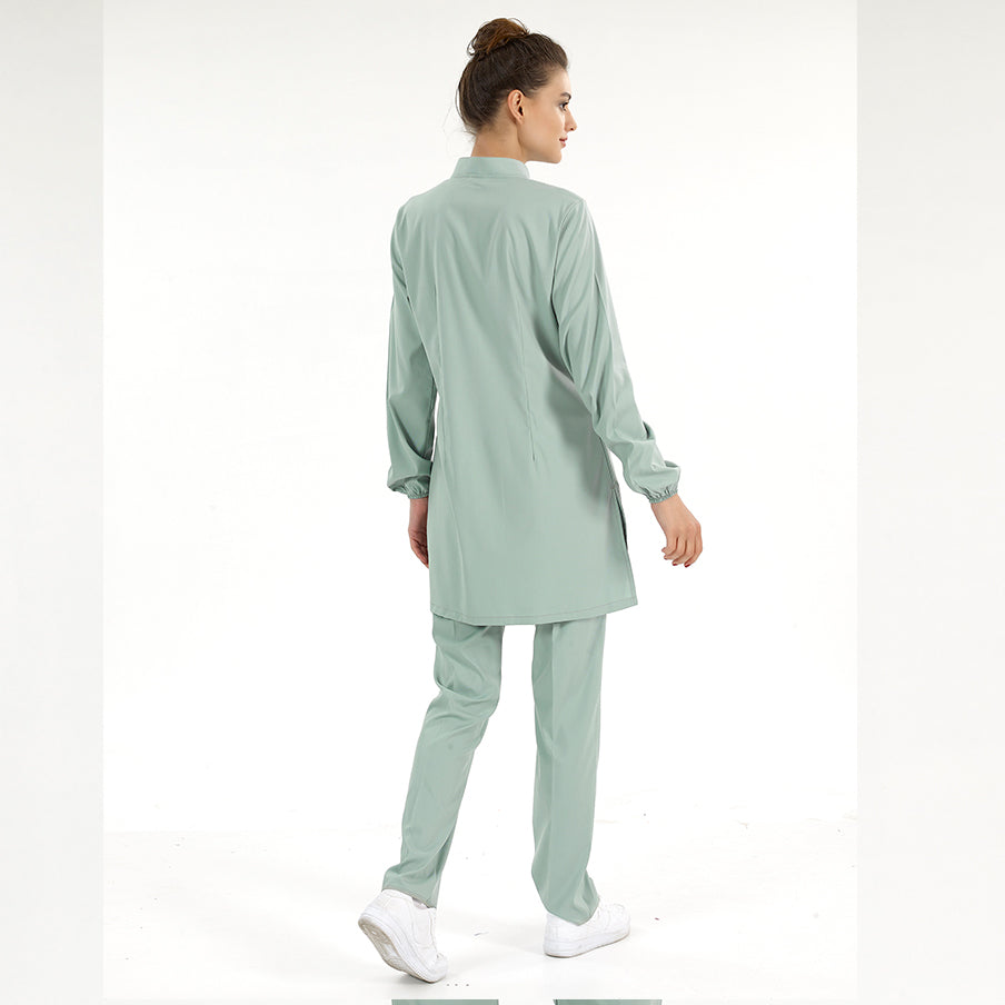 Mint Yeşili Tesettür Hakim Yaka Doktor Hemşire Medikal Scrubs Takım Lüks Likralı Kumaş