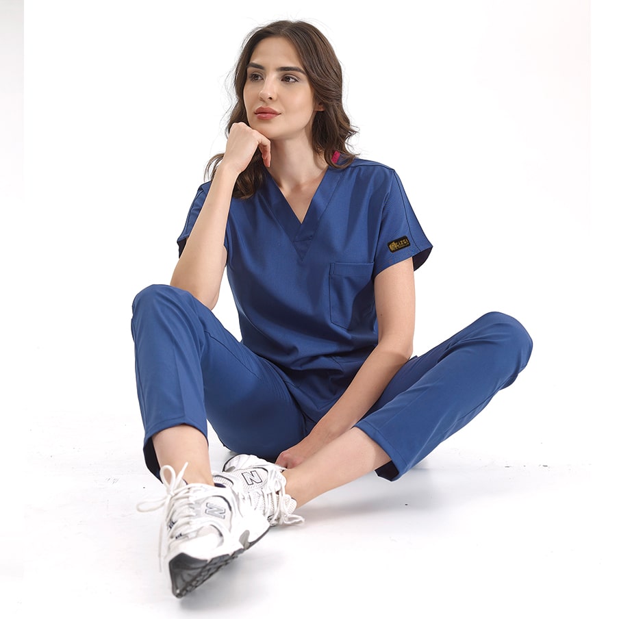 Petrol Mavisi Dr. Greys Doktor Hemşire Medikal Scrubs Takım Lüks Likralı Kumaş