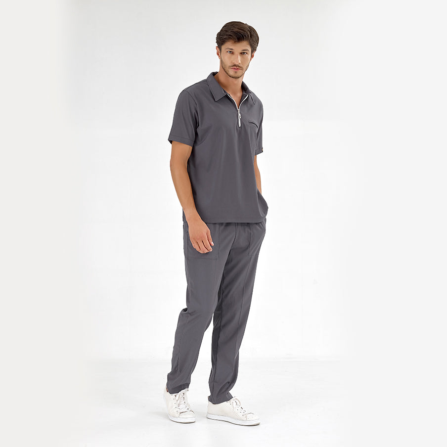 Füme Polo Yaka Doktor Hemşire Medikal Scrubs Takım Lüks Likralı Kumaş