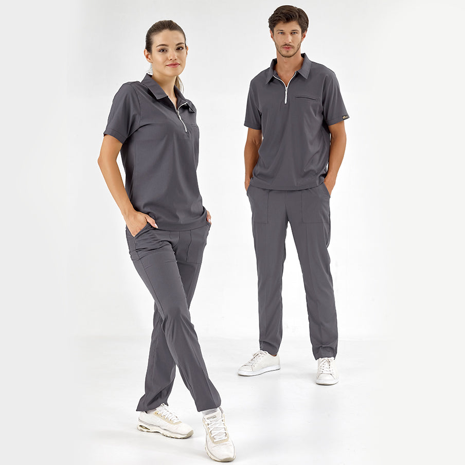 Füme Polo Yaka Doktor Hemşire Medikal Scrubs Takım Lüks Likralı Kumaş