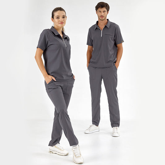 Füme Polo Yaka Doktor Hemşire Medikal Scrubs Takım Lüks Likralı Kumaş