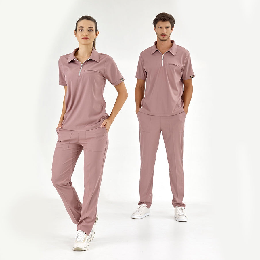 Gül Kurusu Polo Yaka Doktor Hemşire Medikal Scrubs Takım Lüks Likralı Kumaş