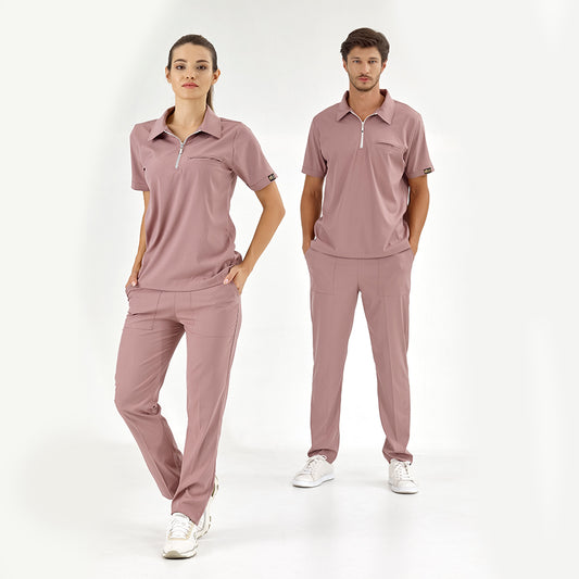 Gül Kurusu Polo Yaka Doktor Hemşire Medikal Scrubs Takım Lüks Likralı Kumaş