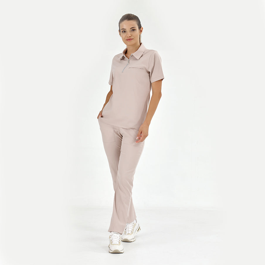 Krem Polo Yaka Doktor Hemşire Medikal Scrubs Takım Lüks Likralı Kumaş