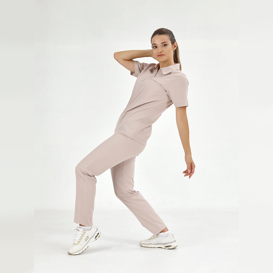 Krem Polo Yaka Doktor Hemşire Medikal Scrubs Takım Lüks Likralı Kumaş