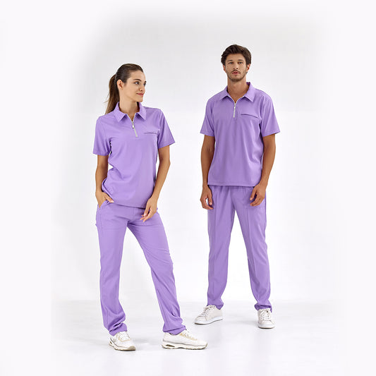 Lila Polo Yaka Doktor Hemşire Medikal Scrubs Takım Lüks Likralı Kumaş
