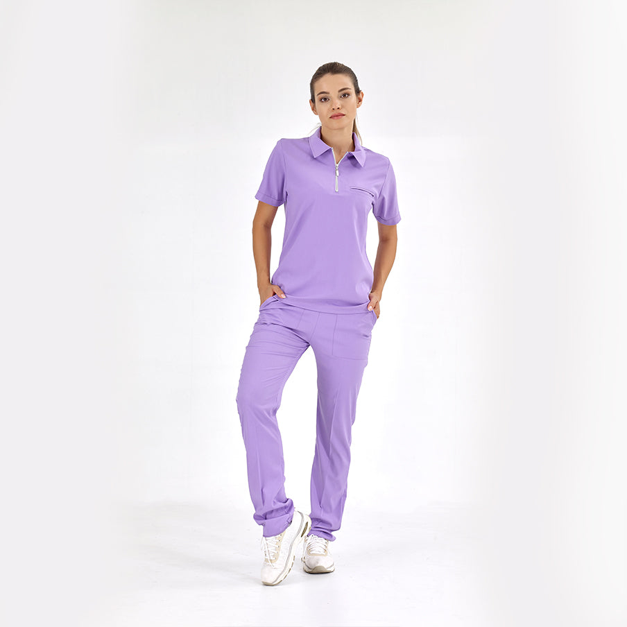 Lila Polo Yaka Doktor Hemşire Medikal Scrubs Takım Lüks Likralı Kumaş