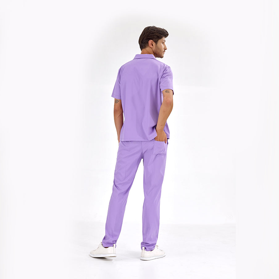 Lila Polo Yaka Doktor Hemşire Medikal Scrubs Takım Lüks Likralı Kumaş
