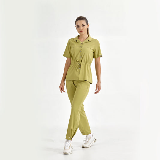 Antep Fıstığı Retro Kadın Doktor Hemşire Medikal Scrubs Takım Lüks Likralı Kumaş