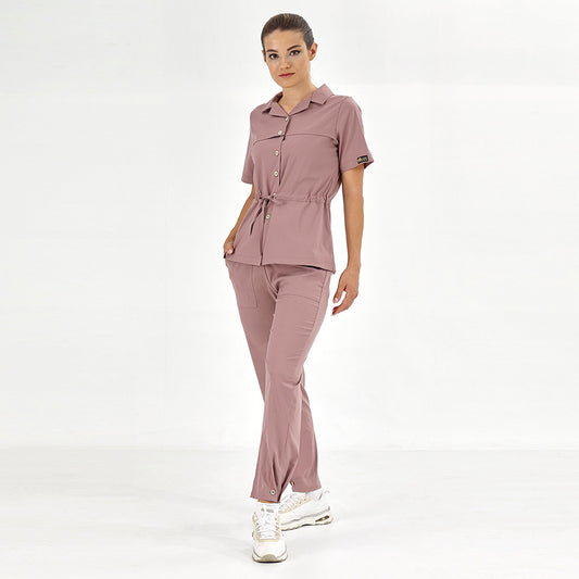 Gül Kurusu Retro Kadın Doktor Hemşire Medikal Scrubs Takım Lüks Likralı Kumaş