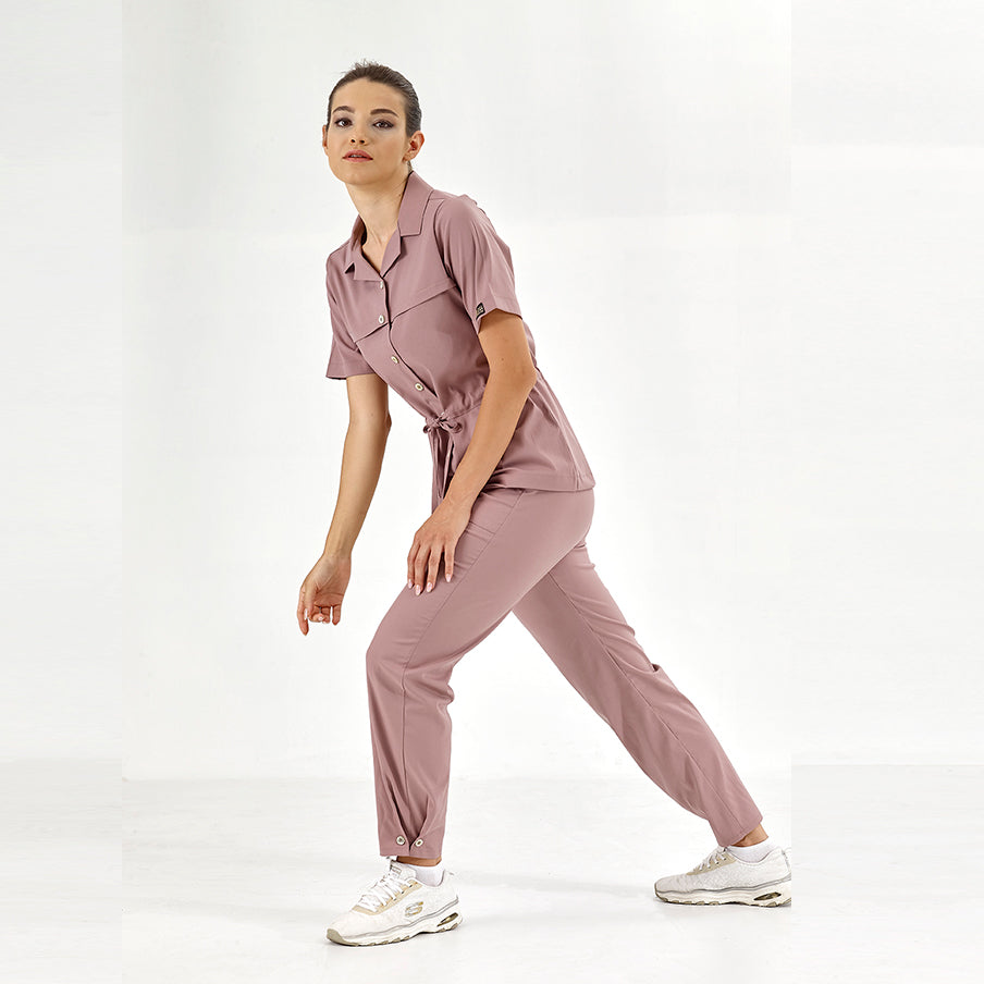 Gül Kurusu Retro Kadın Doktor Hemşire Medikal Scrubs Takım Lüks Likralı Kumaş