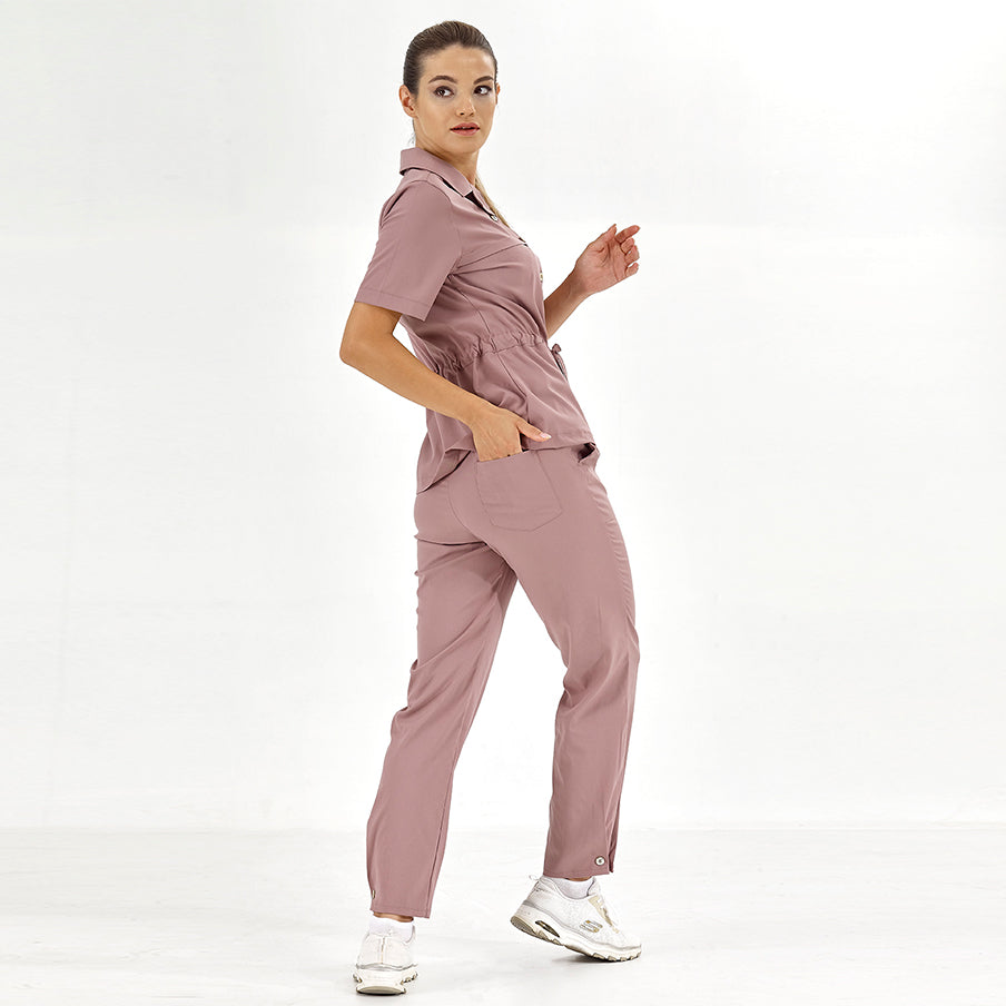 Gül Kurusu Retro Kadın Doktor Hemşire Medikal Scrubs Takım Lüks Likralı Kumaş