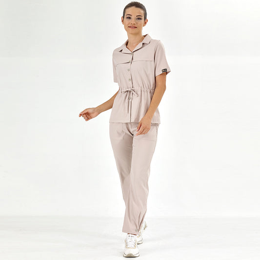 Krem Retro Kadın Doktor Hemşire Medikal Scrubs Takım Lüks Likralı Kumaş