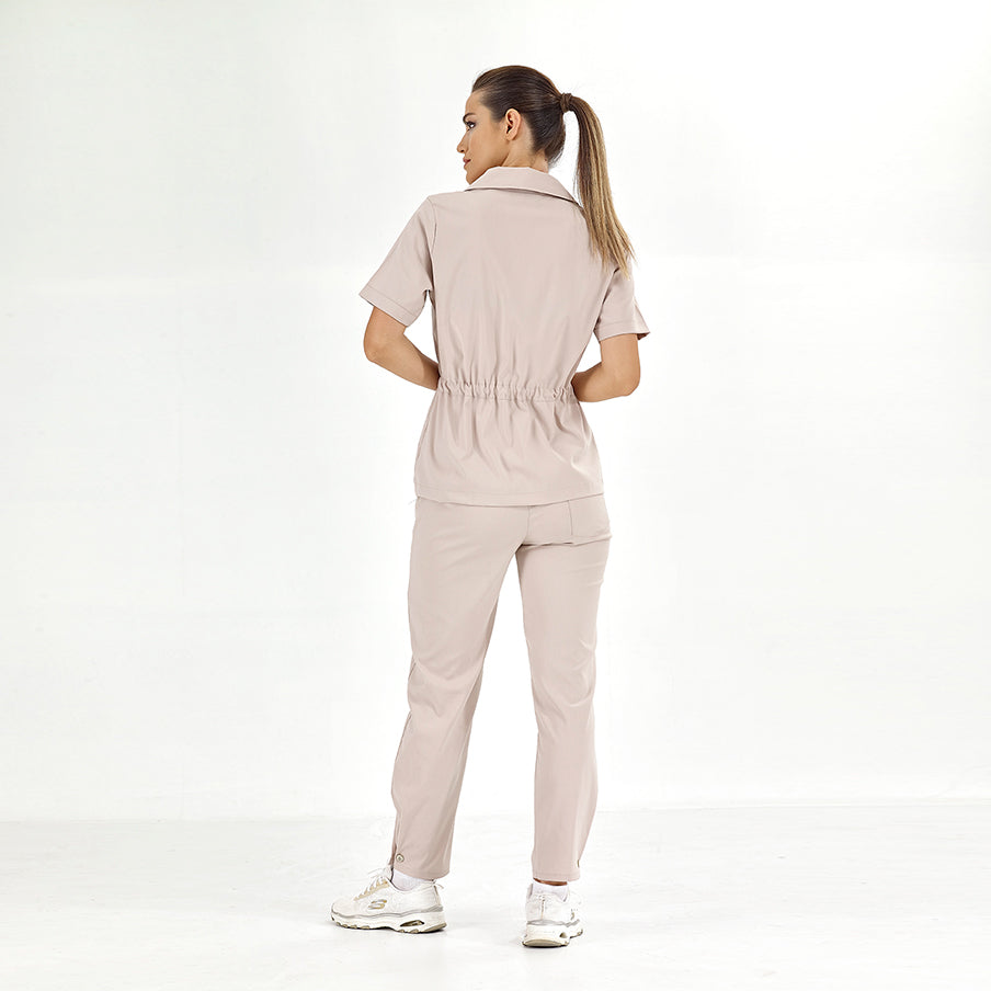 Krem Retro Kadın Doktor Hemşire Medikal Scrubs Takım Lüks Likralı Kumaş
