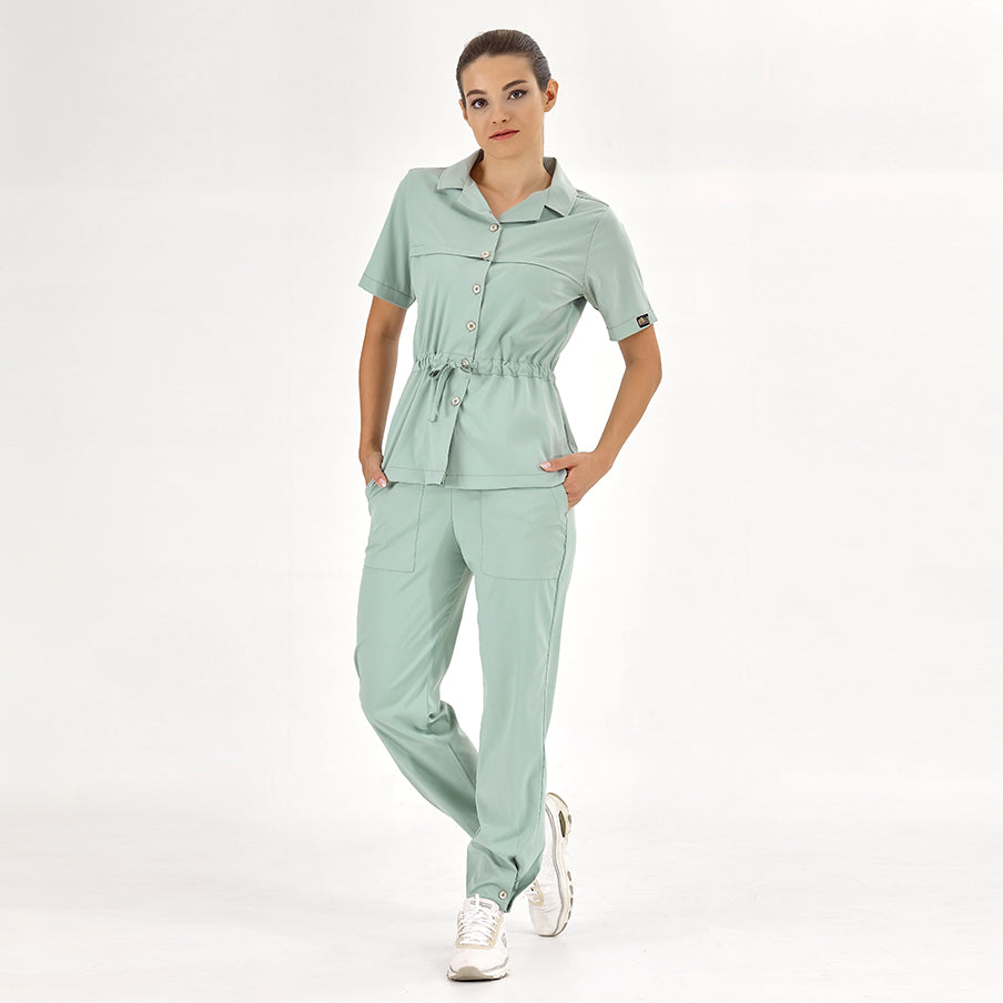 Mint Yeşili Retro Kadın Doktor Hemşire Medikal Scrubs Takım Lüks Likralı Kumaş