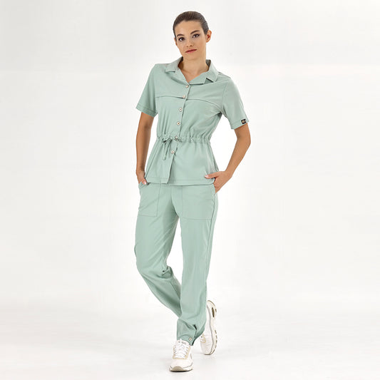 Mint Yeşili Retro Kadın Doktor Hemşire Medikal Scrubs Takım Lüks Likralı Kumaş